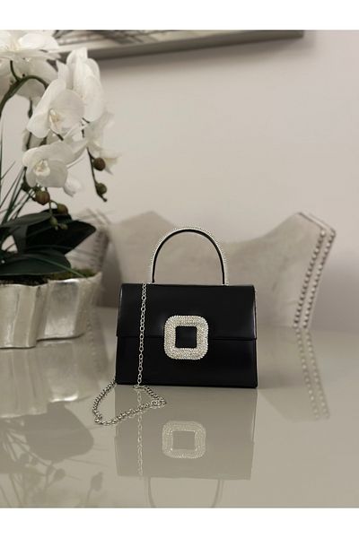 mossi Women's Shiny Black Evening Dress Bag - Crystal Stone Buckle Evening Dress Bag