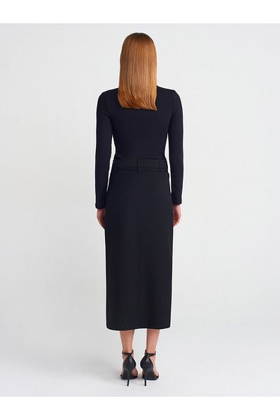 Dilvin 80849 Lace-Up Midi Skirt-Black
