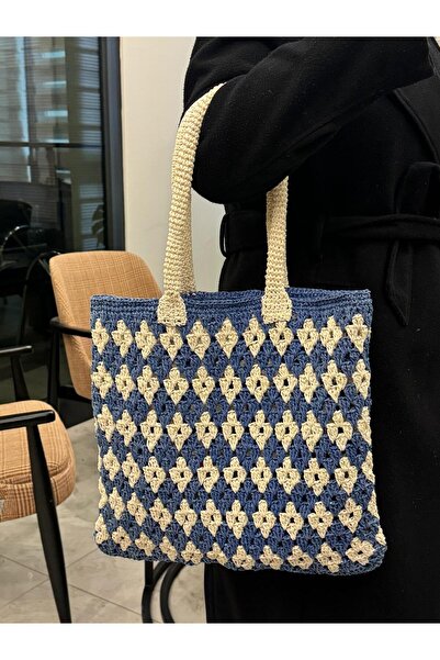 izelticaret Kağıt İpten Mavi Krem Kol Çantası