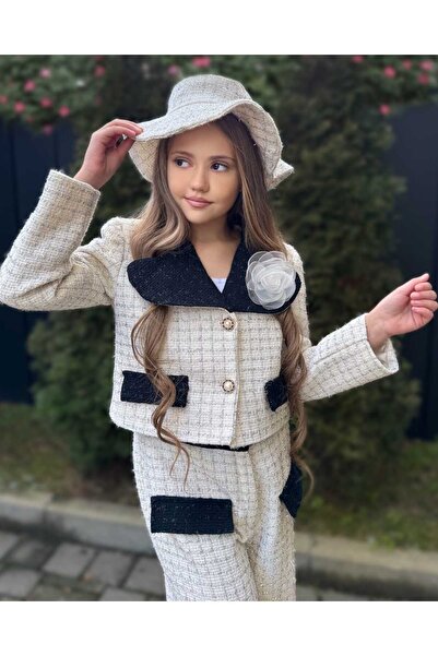 By Feyza Kids Collection By Feyza Kız Çocuk Ekose Ceket,Pantolon Takım-Şapka ve Gül Broş Dahil-Kışlık Klasik kombin-5-12 Yaş