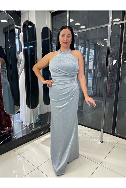 fevzuss Su Yeşili Halter Yaka Uzun Simli Abiye