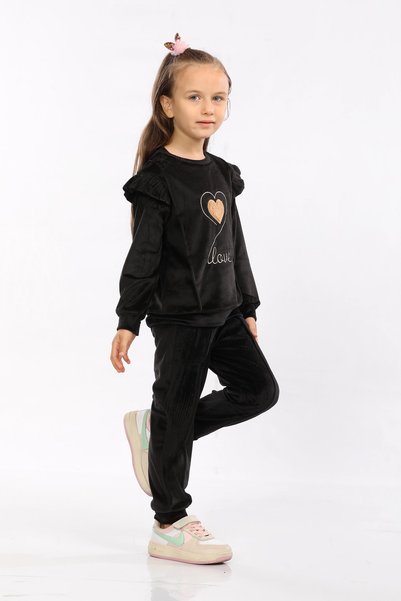 mhk burç bebe Girls' Velvet Top and Bottom Tracksuit Set – Ages 2-9 – Soft Fabric / Winter Set