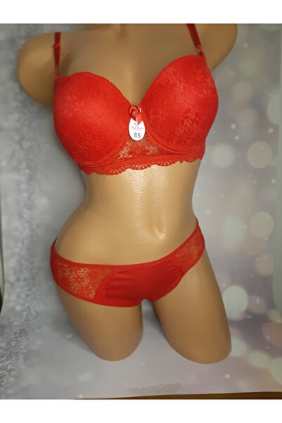 Butik Yılbaşı Kırmızı dantelli destekli balenli sutyen ve dantelli külot takimi