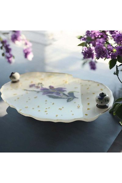 Home Epoxy Resin Canvas Tray - Purple Flowers - Width: 24 cm Length: 34 cm