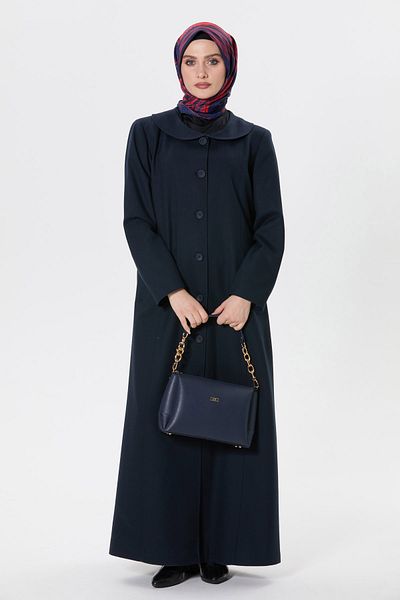 Setrms Navy Blue Wooden Buttoned Oversized Top Coat 2512049