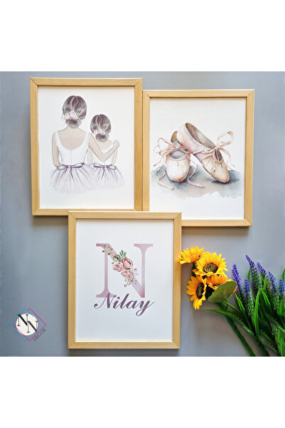 NN DECOR İsme Özel Anne- Kız Balerin Konseptli 3'lü Set - Doğal Ahşap Çerçeveli, Kız Bebek ve Çocuk Odası
