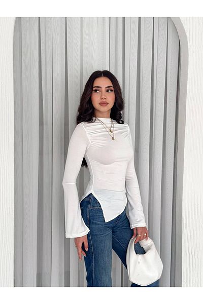 Butik Beyza Asymmetrical Cutout Drawstring Spanish Sleeve Stretchy Fabric Blouse