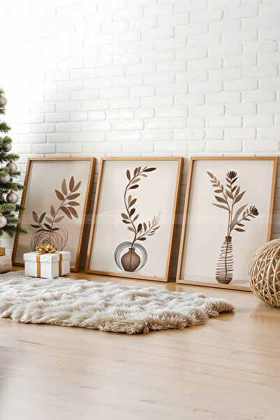 Tontilika Minimal Doğal Motifli 3'lü Ahşap Çerçeveli Tablo Seti 30x42