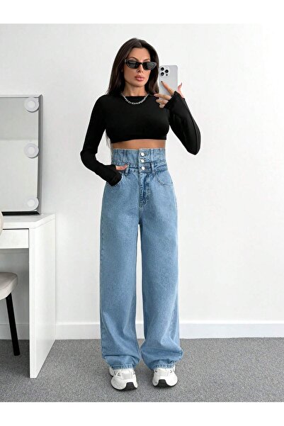 JOVVİN ÇİFT KEMER DETAYLI BAGGY KADIN DENİM JEAN PANTOLON