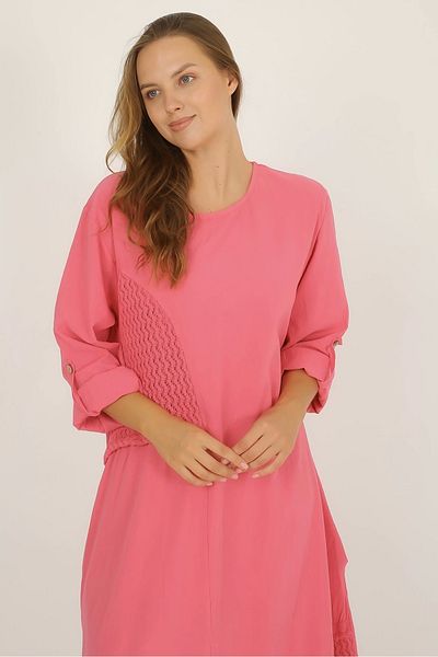 MAUN Rochie lungă de damă din bumbac, lungă, cu detalii din tricotaje, roz