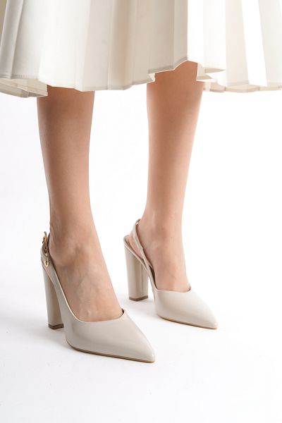 SEEM & BE Taylor Buckle Detailed Pointed Toe Beige Patent Leather Thick Heeled Shoes