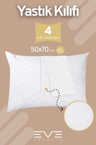 Eve Tekstil Diamon Quilted - 4 Pieces of Antibacterial Zippered Washable Luxury Hotel Pillowcases 50X70Cm