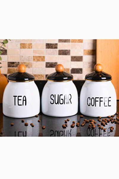 Woodcept 3-Piece Luxury Enamel Coffee Tea Sugar Jar Set, Countertop Enamel 3-Piece Jar Set 1000 ml