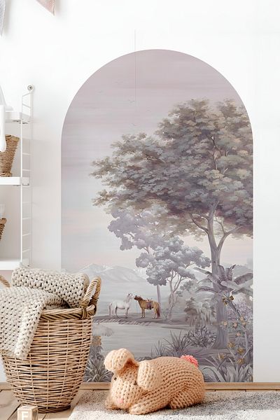 Grafikup Autocolant de perete decorativ Boho Oval - Autocolant de perete oval cu model de peisaj și animale