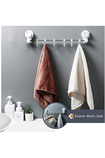 ARVALE Vidasız Montaj - Banyo Mutfak Askısı Vantuzlu Süper Yapışkanlı 8 Kancalı 47 cm Askı