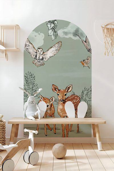 Grafikup Autocolant de perete decorativ Boho Oval - Autocolant de perete oval cu model de peisaj și animale