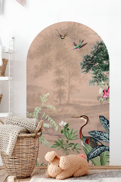 Grafikup Autocolant de perete decorativ Boho Oval - Autocolant de perete oval cu model de peisaj și animale