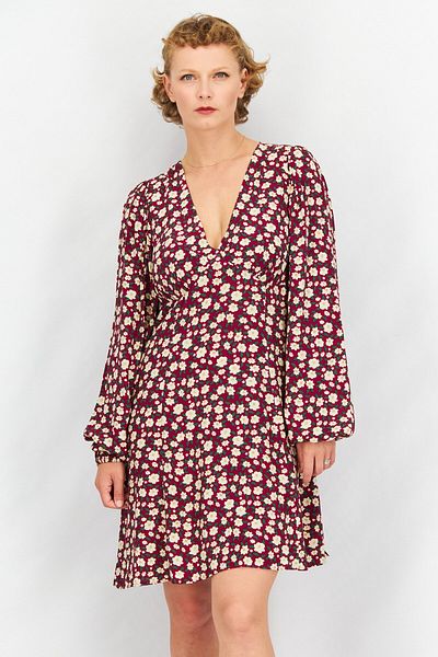 NA-KD Women Floral Print Long Sleeve Mini Dress, Maroon Combo