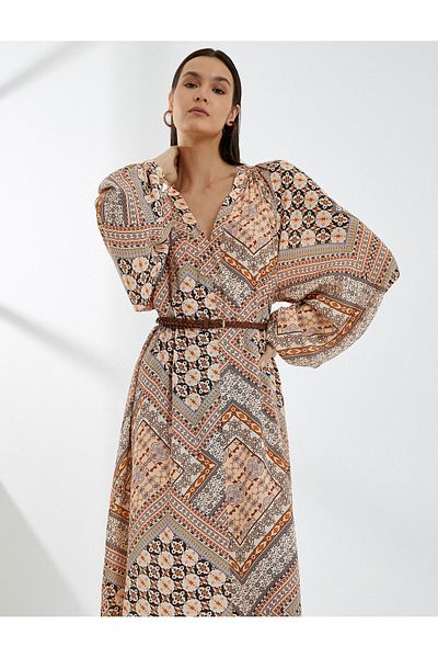 Koton Midikleid aus Viskosemischung mit ethnischem Muster und Ballonärmeln