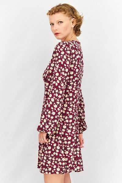 NA-KD Women Floral Print Long Sleeve Mini Dress, Maroon Combo