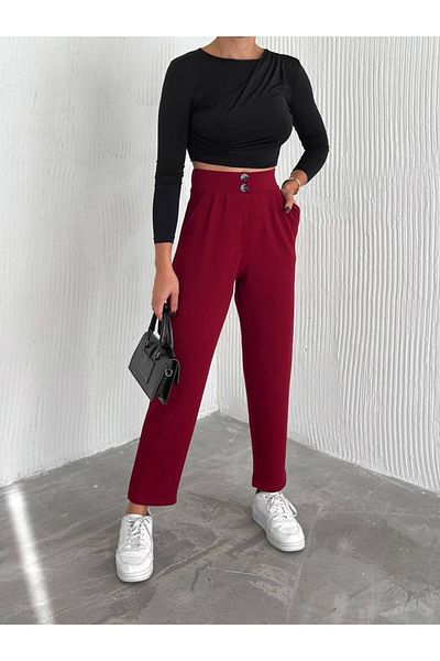 Şanss Butik Pants with Crepe Ornament Button with Button with Elastic Waist
