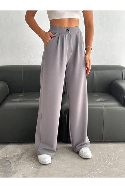 sportiness Wide Leg Buttoned Palazzo Pants with Elastic Waist