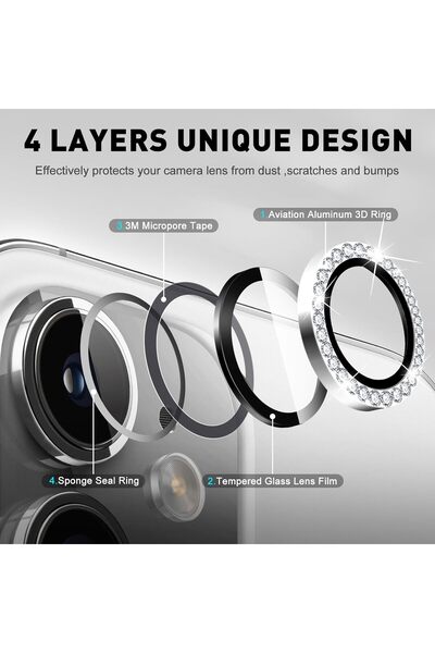 Fibaks Apple iPhone 11 - 12 - 12 Mini Taşlı Parlak Kamera Lens Koruyucu Cam ve Çerçeve Kamera Koruma Lensi