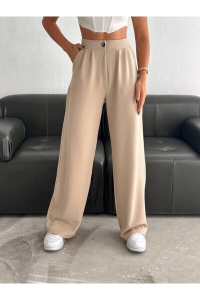 sportiness Wide Leg Buttoned Palazzo Pants with Elastic Waist