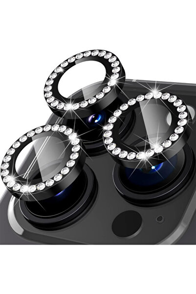 Fibaks iPhone 15 Pro/Pro Max ve 16 Pro/Pro Max Kamera Koruma Parlak Renkli Taşlı Lens Koruyucu Cam Koruma