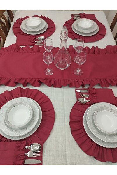 AHSERHOME BORDO 4 KİŞİLİK 9 PARÇA DUCK KETEN AMERİKAN SERVİS