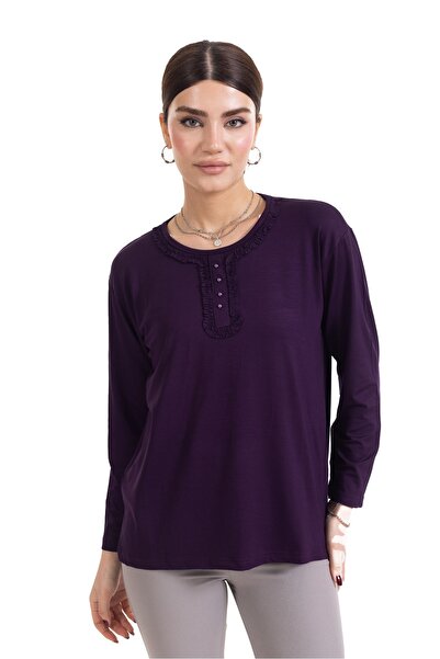 Mutlu City بلوزة نسائية من القطن الممشط بأكمام طويلة وطية صدر السترة من الليك...