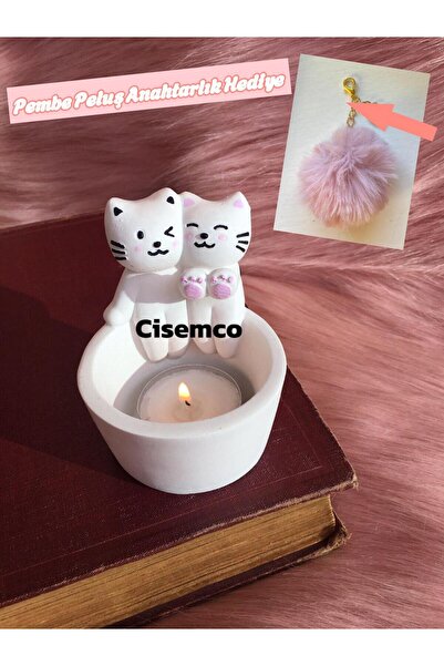 Çisem Sevgili Üşüyen Ateş Başında Isınan Kedi Dekoratif Mumluk Peluş Anahtarl...