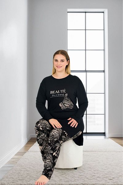 tarzımsüper Women's Plus Size Letter Printed Long Sleeve Black Rose Bottom Top Pajamas Set