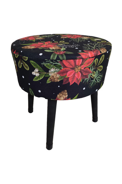 ustaagac Puf Koltuk Tabure - Kırmızı Çiçek Siyah - Ahşap Gürgen Ayaklı