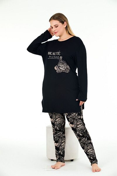 tarzımsüper Women's Plus Size Letter Printed Long Sleeve Black Rose Bottom Top Pajamas Set