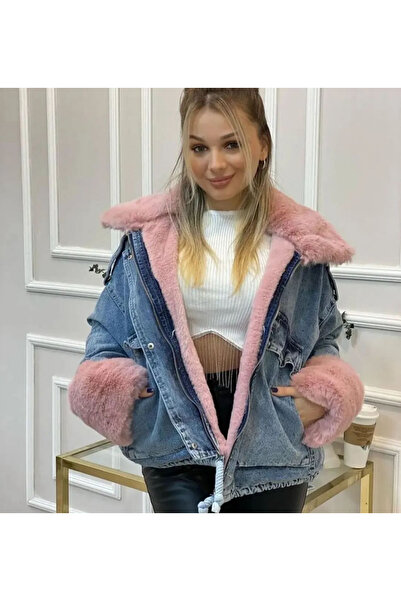 pembekurdelem Palton de blugi oversize pentru femei, cu mâneci și blană plină în interior