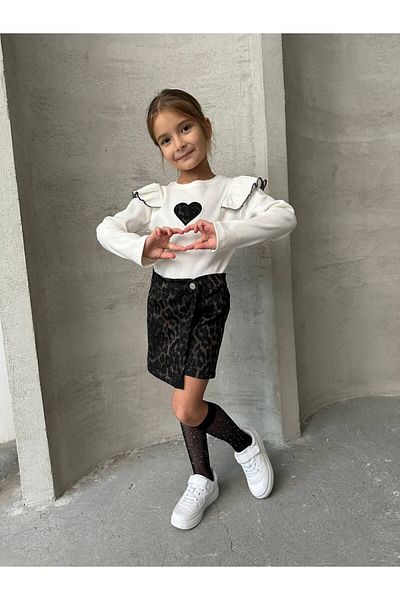 ARBİ kids Girl's Leopard Shorts Skirt Double Girl Stylish Suit Eid