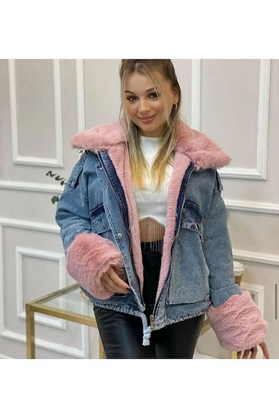 pembekurdelem Palton de blugi oversize pentru femei, cu mâneci și blană plină în interior