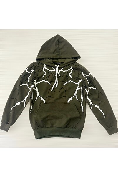 Yıldırım baskılı kapüşonlu cepli sweatshirt