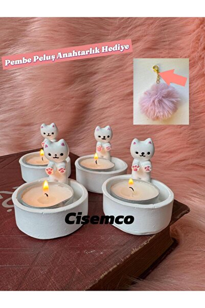 Çisem Üşüyen Kedi Dekoratif Tealight Mumluk Peluş Anahtarlık Hediyedir