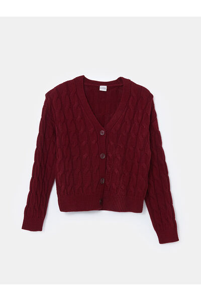 LC Waikiki Plum V-Neck Hair Braid Patterned Girls' Knitwear Cardigan