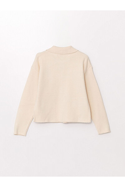 LC Waikiki Beige Polo Collar Girl's Knitwear Cardigan