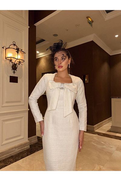 1Moda1Tarz Γυναικείο εισαγόμενο Tweed υφασμάτινο φόρεμα με επένδυση από πέτρα με λεπτομέρεια φιόγκου