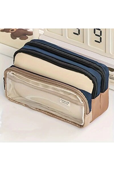 GlassySKY Büyük Kapasiteli Şeffaf Pencereli Çok Katmanlı Tuval Kalem Kutu Kal...