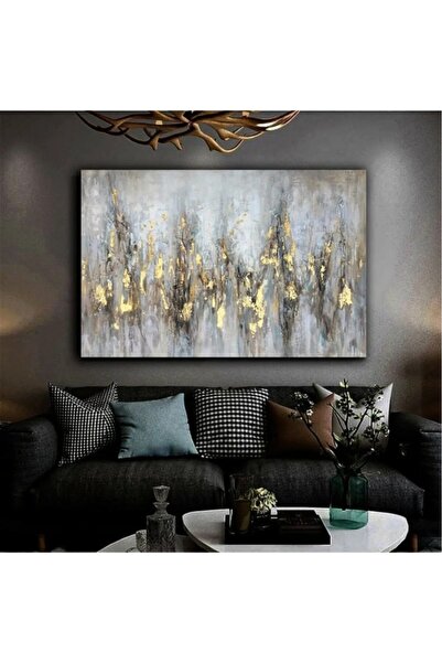 AR AJANS KANVAS TABLO Soyut  Dikey Çizgiler Gold temalı Yağlı Boya Çizimli De...