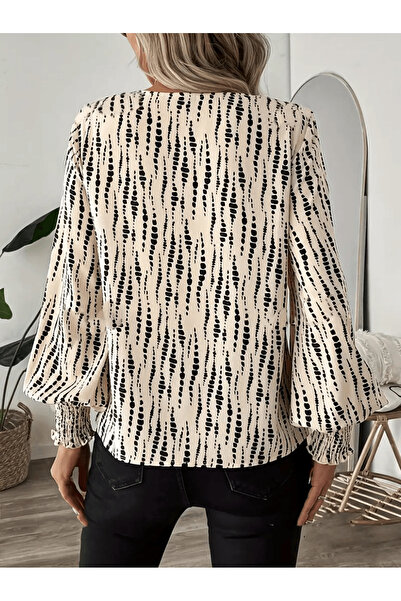 Moda Monisa V Yaka Desenli Uzun Kollu Kadın Bluz | Gipe Kol Detaylı | Şık Süprem Kumaş