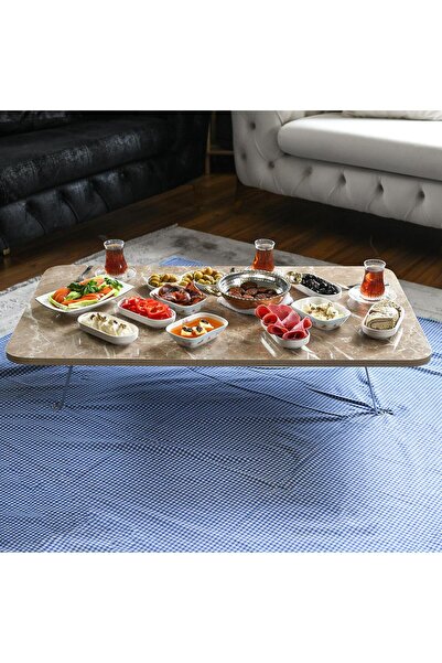 arvenlive 60 X 100 Cm  Ebatlı Bej Renk Mermer Desenli Yer Sofrası Kamp  Masas...