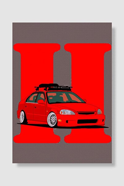 Mudi Store Red Honda Civic with Roof Rack Araba Poster Çerçevesiz Yüksek Kali...