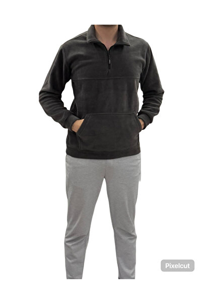 POLAR YEŞİL VE GRİ ERKEK ŞARDONLU POLAR SWEATSHIRT ÖNÜ CEPLİ