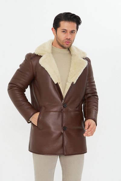 By Marki Marki Genuine Leather Men's Coat - Vintage Brown, 80 Cm, Fur Inside, Buttons - 500822   Limited Edition